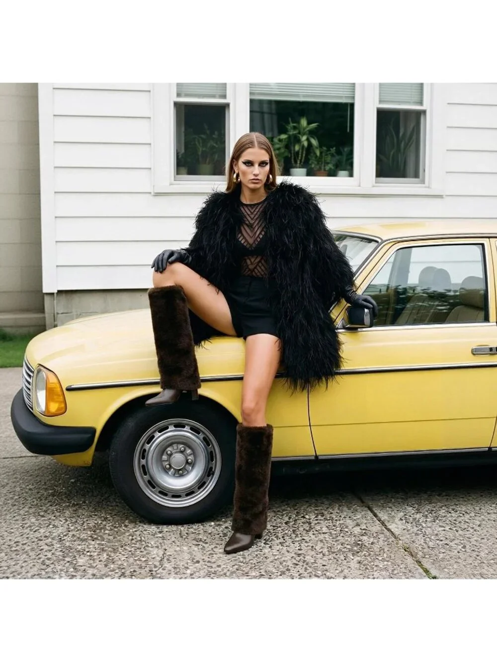 Women's Brown Fur Pointed Toe Chunky Heel Faux Leather Over The Knee Boots
